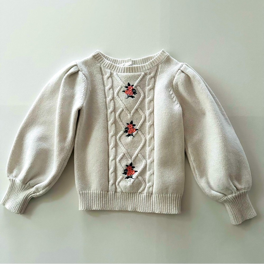 Janie and Jack Girls 4 White Puff Sleeves Floral Embroidered Sweater